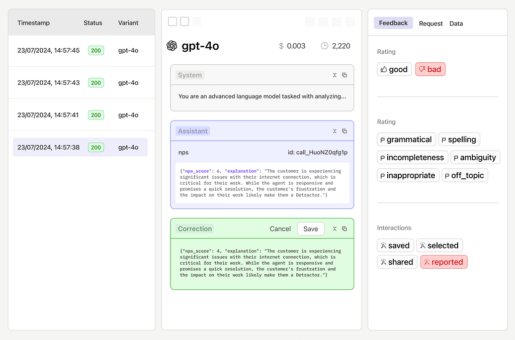 Overview of “feedback” section in Orq.ai’s platform