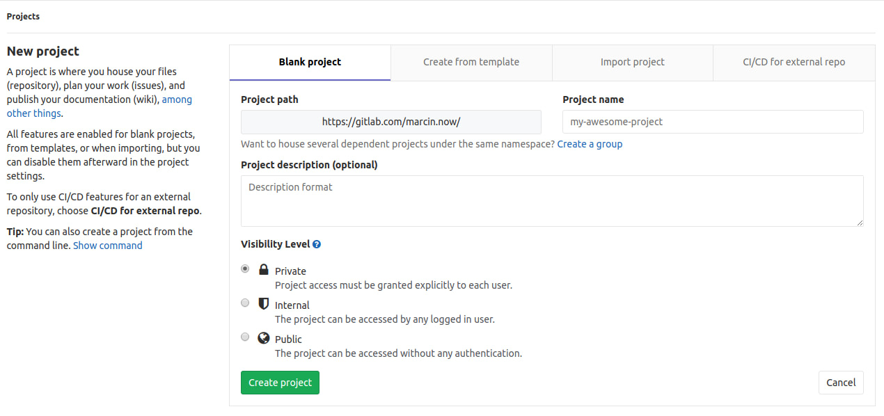 create a new project in Gitlab