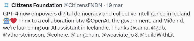 a screenshot of a tweet by Citizens Foundation (Iceland) about how they utilize GPT-4 to preserve native Icelandic language