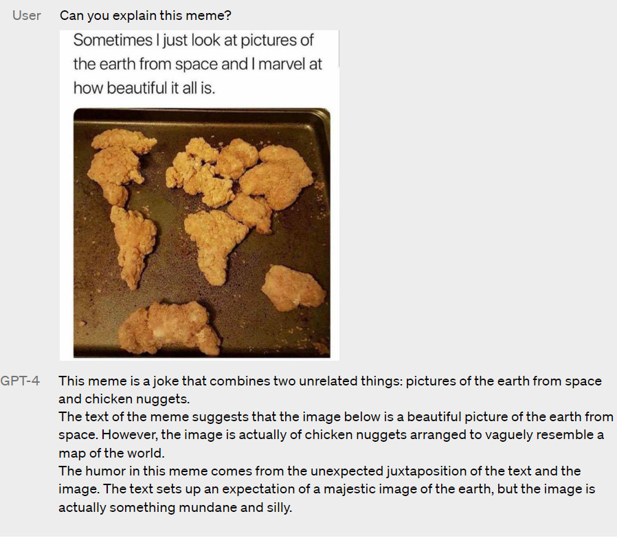 a screenshot presenting how GPT-4 can analyze a meme and explain to the user what's funny about it