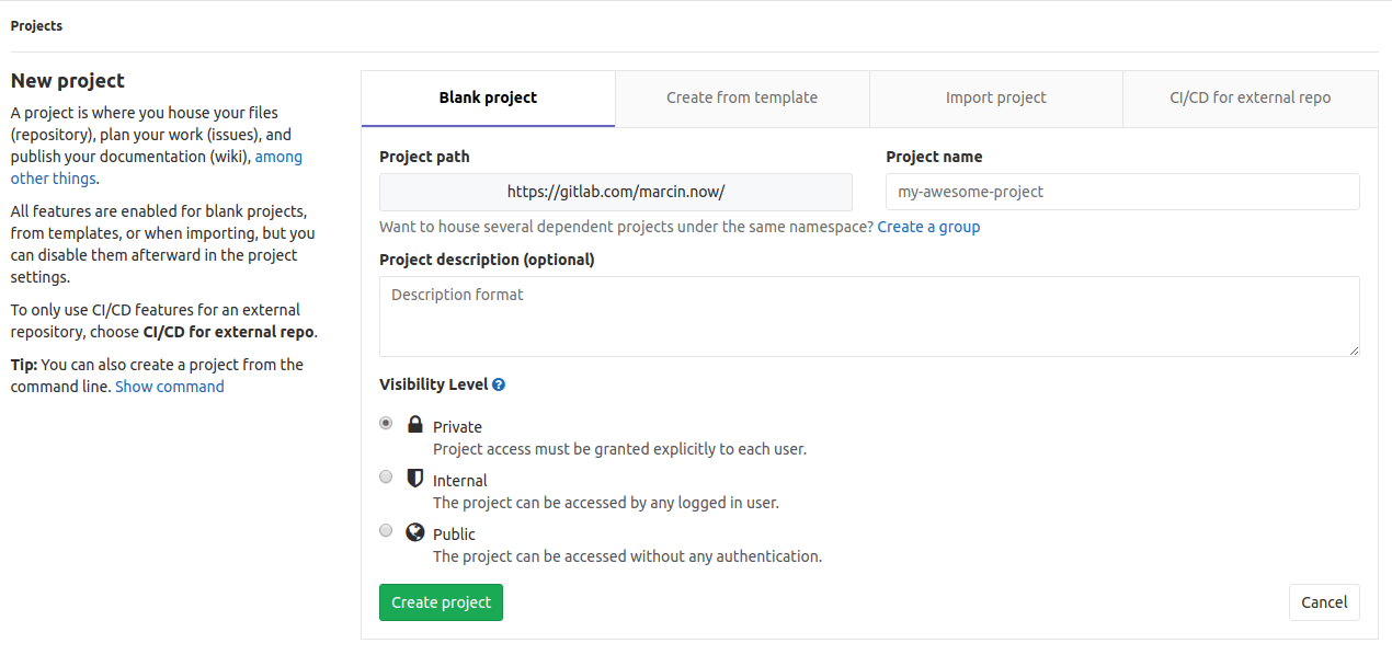 create a new project in Gitlab