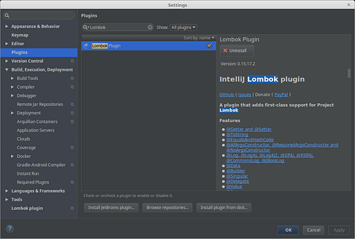 Installing Lombok Plugin in the IDE