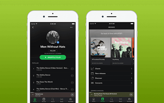 spotify - progressive web app (PWA) allowing users to use different app features inside a browser (full screen)